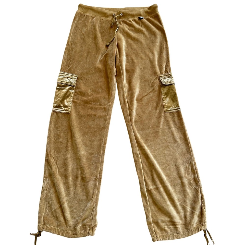BCBG Max Azria Tan Gold Velour Cargo Pants Wide Leg Drawstring Womens Medium
